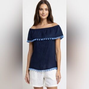 Sail to Sable off the Shoulder Cotton Top with Pom Poms.